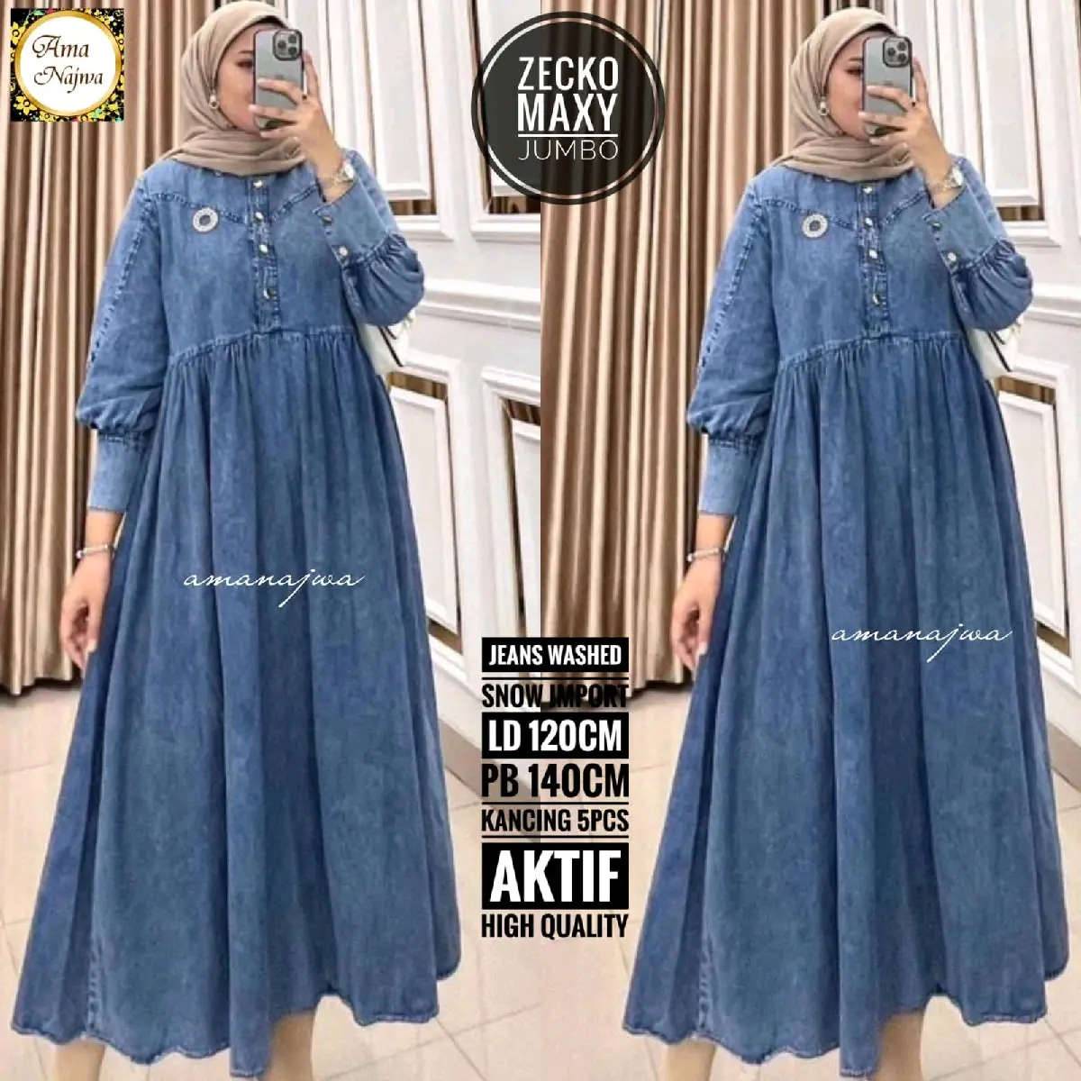Dress gamis jeans jumbo LD 120&140cm Wanita