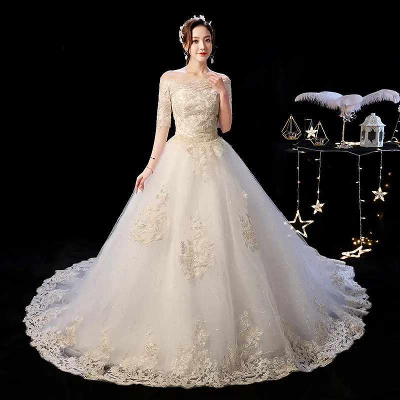 Wanita Maxi gaun pengantin dari renda putih pesta pernikahan Ekor Panjang Short Sleeve Long Tail Women White Lace Wedding Dresses Maxi Bride Gown 1