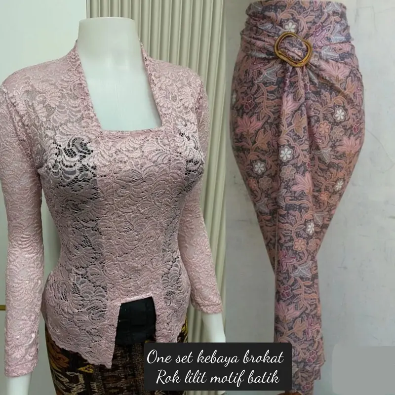 BINAYA SET One Set Kebaya Brokat dan Rok Lilit Motif Batik Kain Katun 1