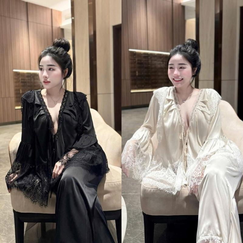 Đồ Bộ Ngủ Nữ Chất Lụa Latin Mềm Mịn Dài Tay Phối Ren Free size 40 - 60kg