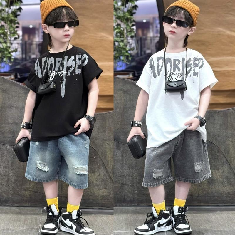 | Tiến Yến Kids | Set đồ bé trai ADR01 2025 – Áo cotton 4 chiều form rộng + quần short Jean rách phong cách đường phố |12–45kg|