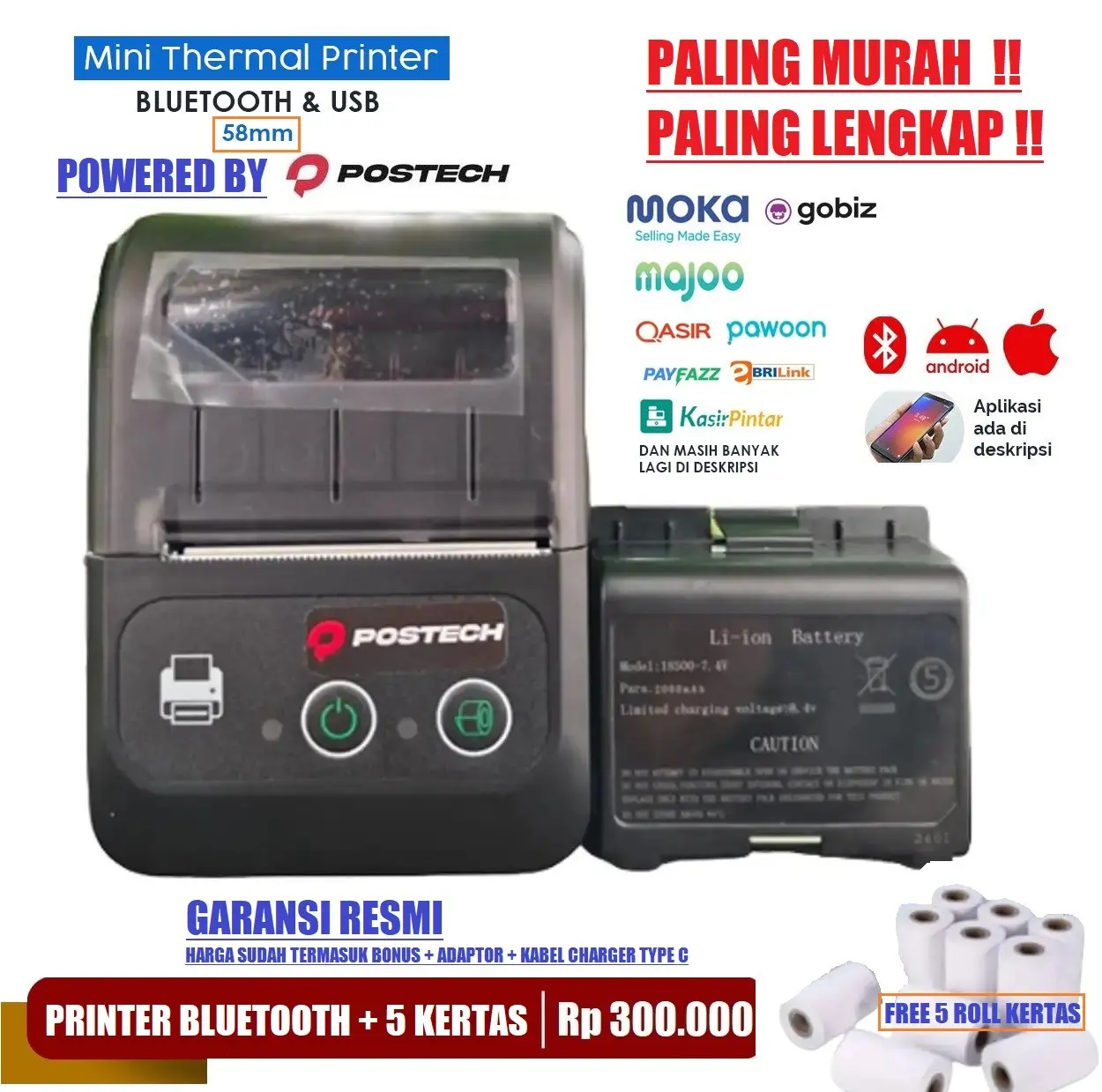 BONUS 5 KERTAS + PRINTER BLUETOOTH BATERAI 58MM ANDROID IOS CETAK STRUK PPOB / STICKER LABEL RESI Portable