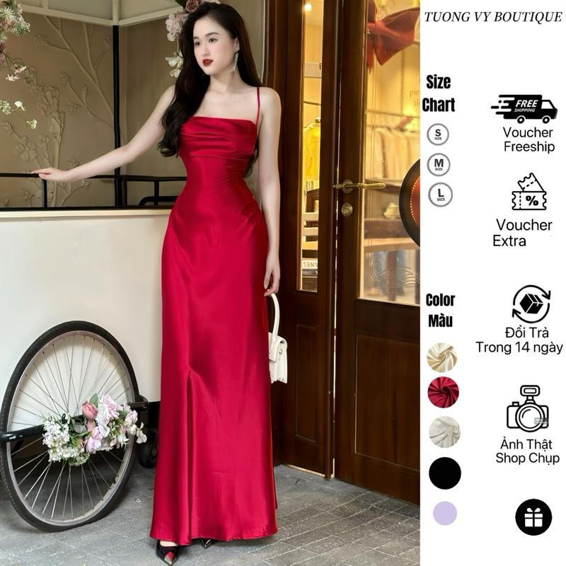 Váy Lụa 2 DÂY Cổ Vuông Xếp Li Dáng Dài 140cm XẺ TÀ Chất Lụa Mềm Mịn Phong Cách Sang Trọng Dành Cho Nữ - TV208 Dress Women Sen Nhung Voi