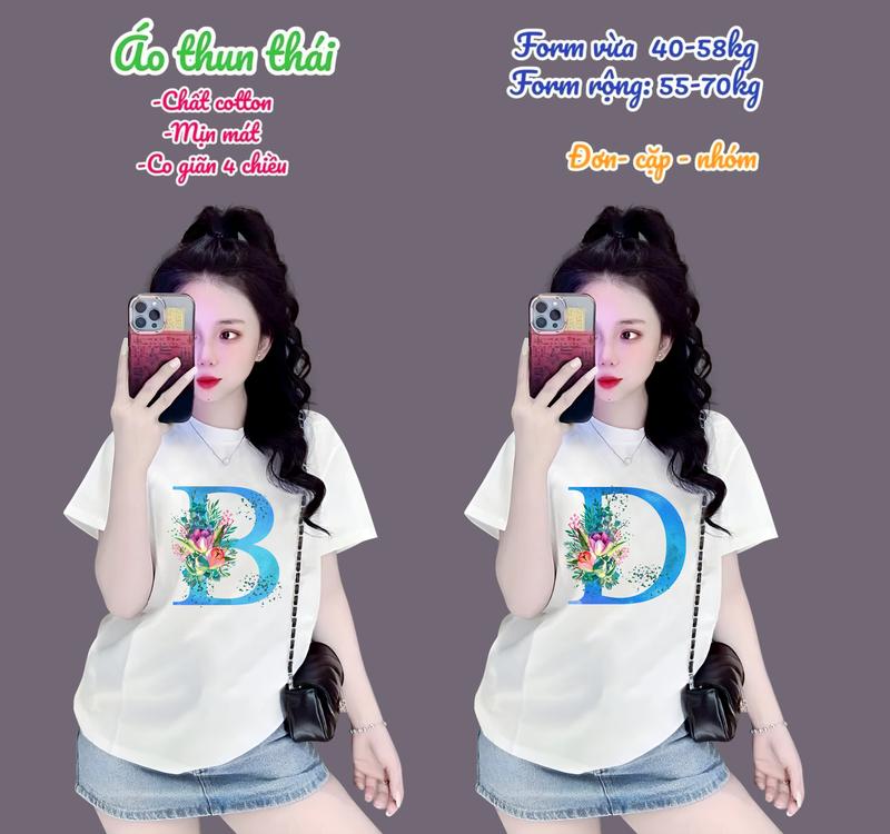 Áo thun thái nữ Chữ Cái A-Z Áo trắng Form vừa 40-60kg Form rộng 50-72kg Top Áo Cổ Tròn Women Cotton mềm mịn mát