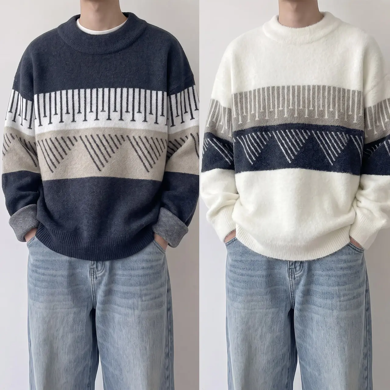 Sweater Laki-laki Kerah Tinggi Pendek Motif Garis Segitiga Bahan Lembut Outfit Santai Remaja Dewasa READY STOCK BISA COD