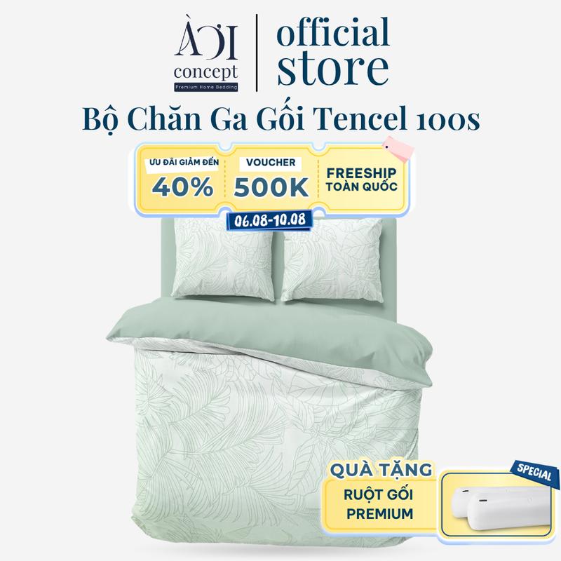 Bộ Chăn Ga Gối 5 Món AOICONCEPT Lụa Tencel 100S Phối Dệt Kim dệt phẳng Hoạ Tiết Cao Cấp Hàn Quốc Size 1m6 đến 2m2 - bộ chăn ga gối đệm gồm Ga Giường Bo Chun, Vỏ Mền, 2 Vỏ Gối Nằm & 1 Vỏ Gối Ôm