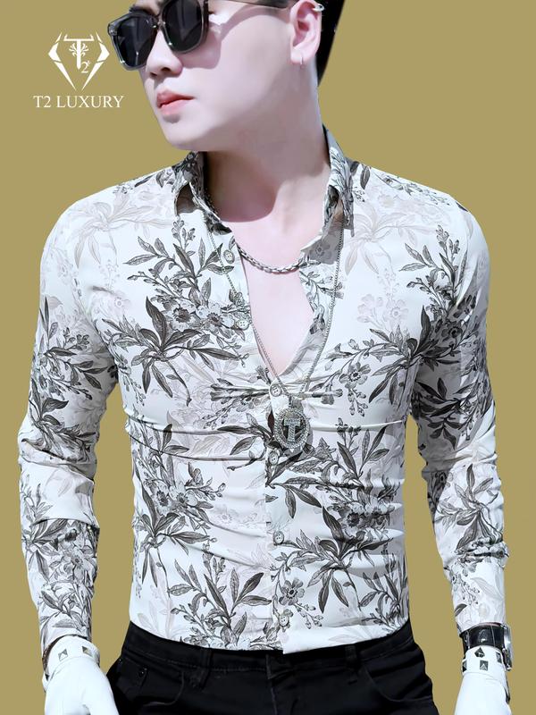 Áo sơ mi họa tiết hoa lá trà cách điệu màu kem sang trọng phom ôm gọn Sơ Mi Nam Menswear Shirt