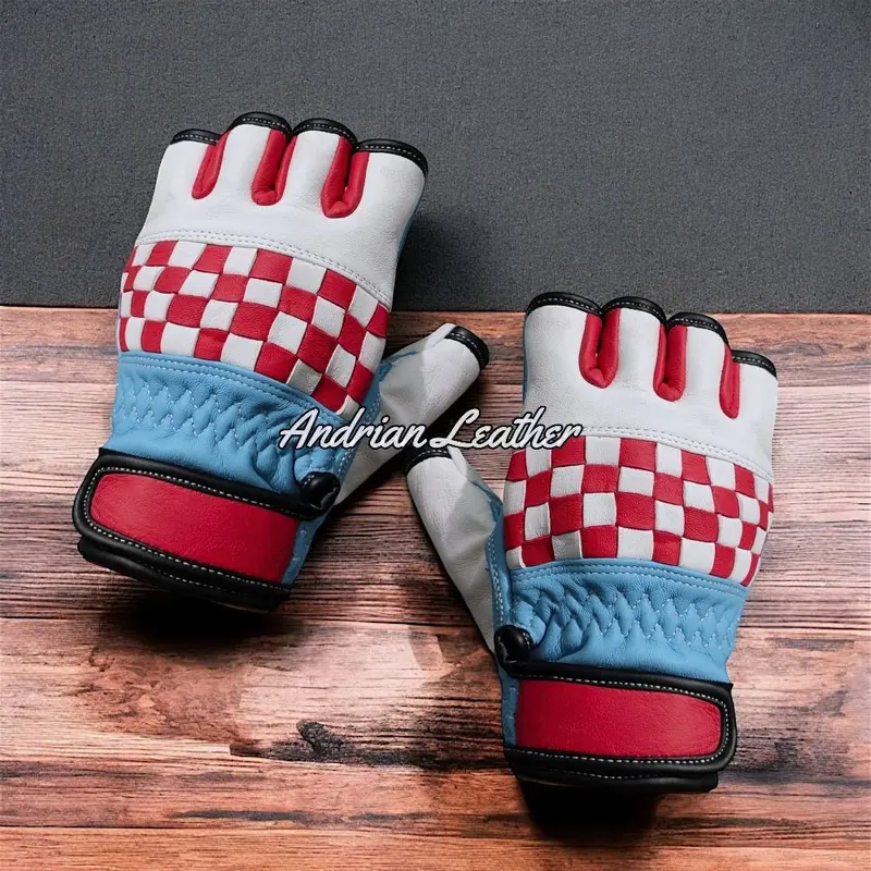 Sarung Tangan Motor Checkerboard Kulit Asli Retro klasik Pendek Setengah Jari Corak Catur warna untuk pria wanita 0
