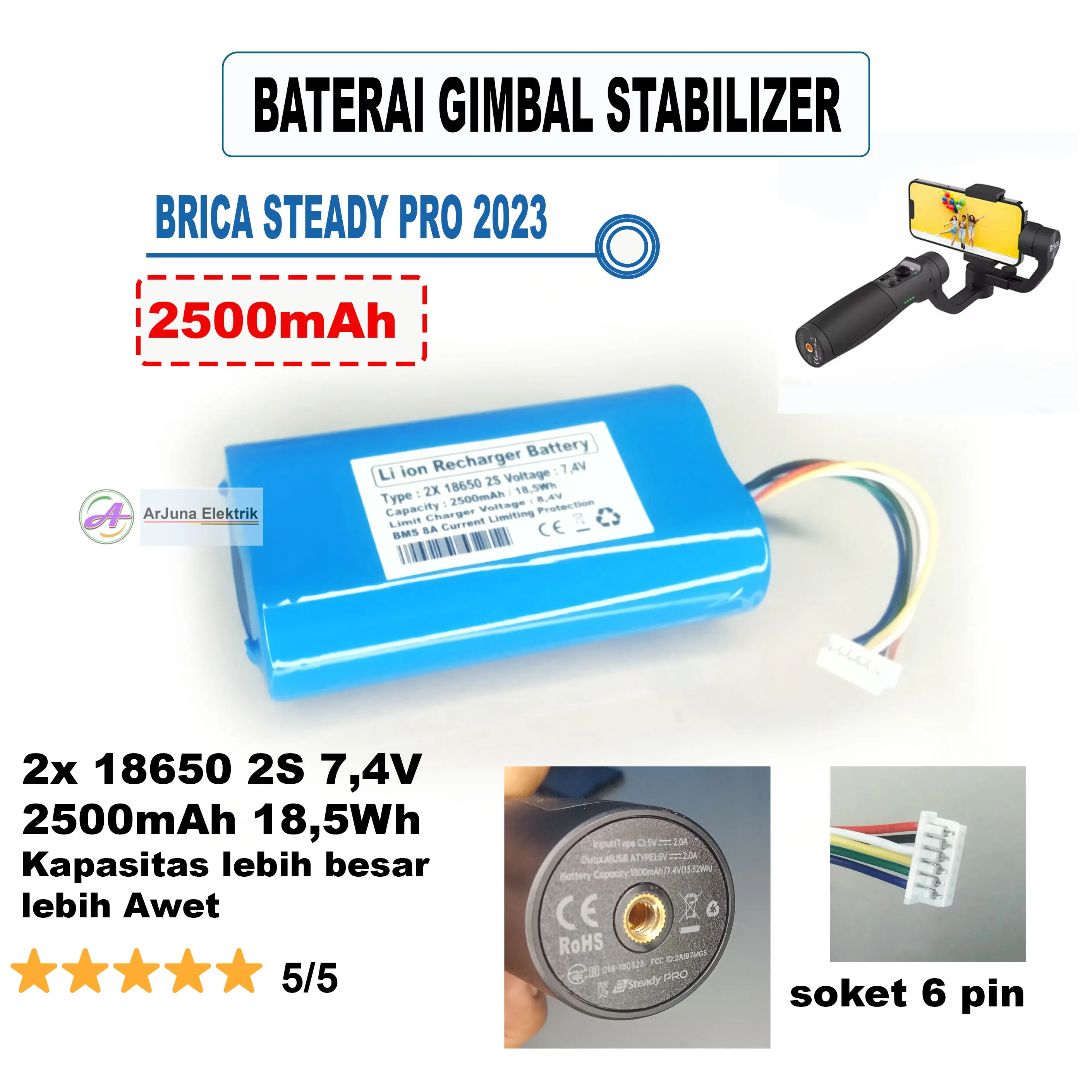 Baterai Gimbal stabilizer 5000mAh 3,7volt  7,4V  2500mAh CUSTOM BMS DJI, Brica Steady, Shiyun,  Garansi, DISKON!!! Gimbal