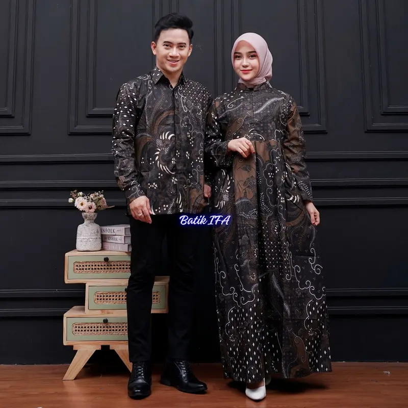 Baju Batik Couple Modern - Sarimbit Batik Kondangan Kekinian - Couple Gamis Batik dan Kemeja Polyester 1