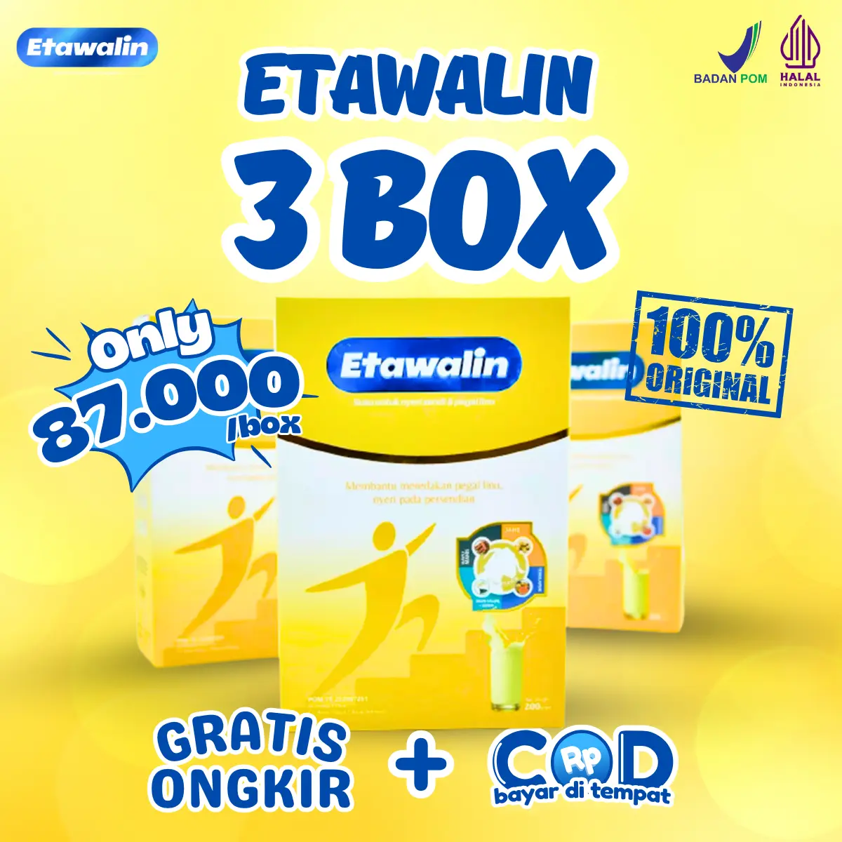Susu Etawalin Original Official Asli Paket Sendi dan Tulang Kuat Solusi Asam Urat Rematik Kambing Etawa Halal BPOM Bubuk Manis Dairy Milk Paket 3 Box Bahan