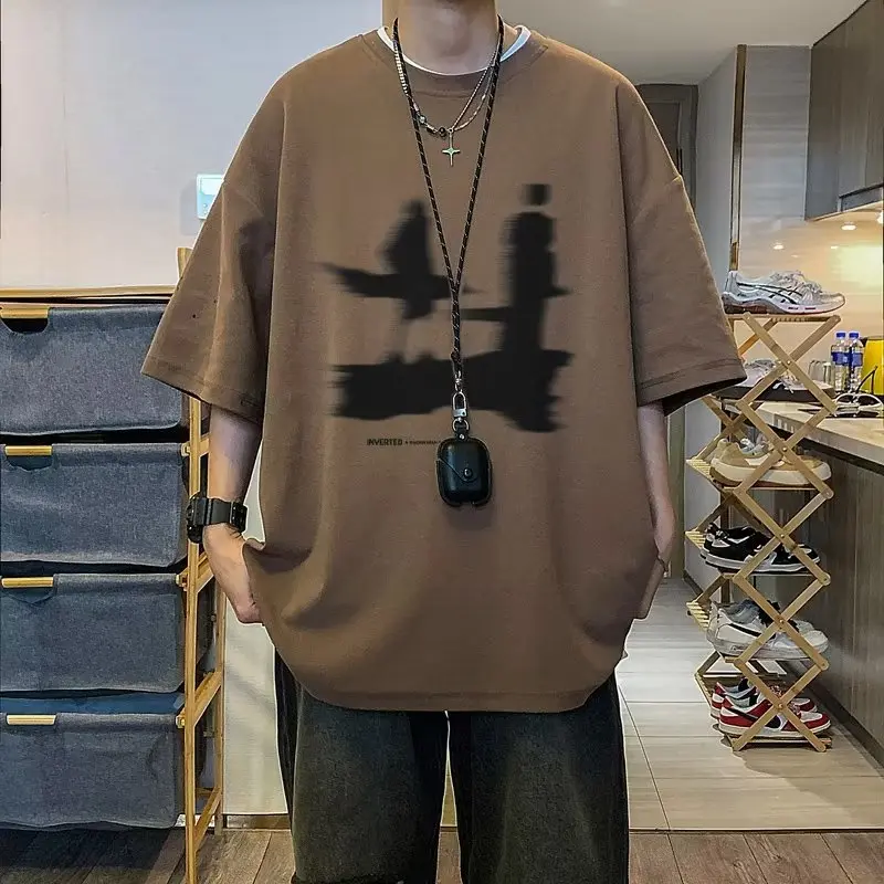 M-3XL cotton short-sleeved T-shirt men's American trendy half-sleeved ruffian handsome fried street neutral trend brand t-shirt coffee white black green