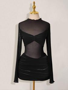 Vestido miniatura de manga larga con bordado de ojales para mujer, diseño transparente y a la moda, perfecto para uso casual y de fiesta