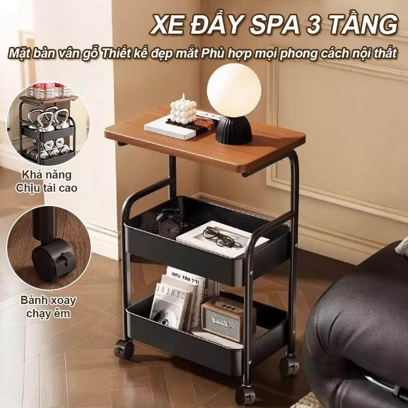 Kệ xe đẩy đa năng 3 tầng tích hợp mặt gỗ phía trên