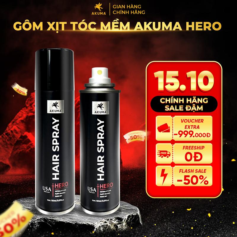[ĐỘC QUYỀN LIVE] Gôm xịt tóc mềm AKUMA HERO 150ml tạo độ phồng tự nhiên, giữ nếp tạo kiểu, không gây bết và nặng tóc.