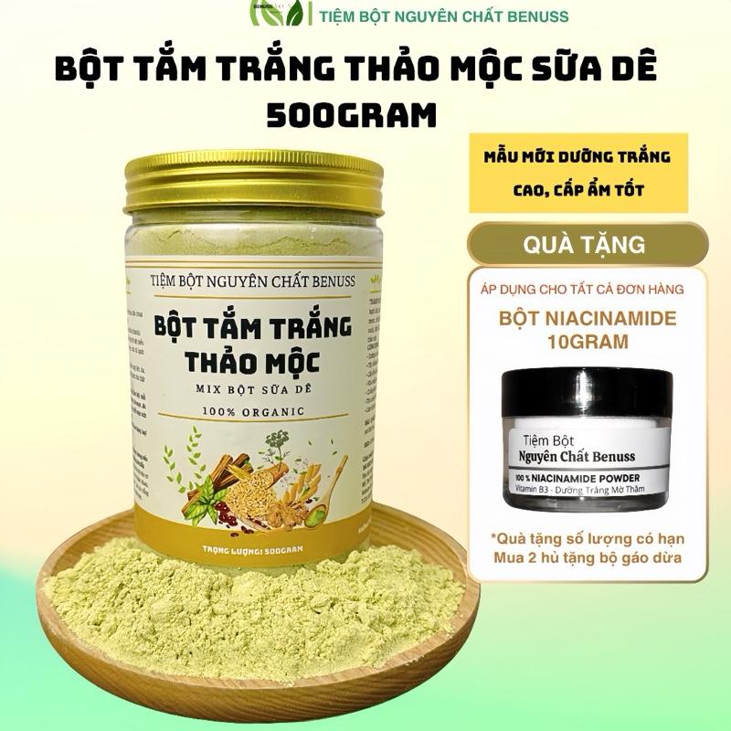 [ Tặng Vitamin B3 Nia] Bột Tắm Trắng Thảo Mộc Sữa Dê  Benuss 500Gr - SP Đã Được Kiểm nghiệm - Dưỡng body Dưỡng Ẩm Da Làm Đẹp Da - Nhả nắng