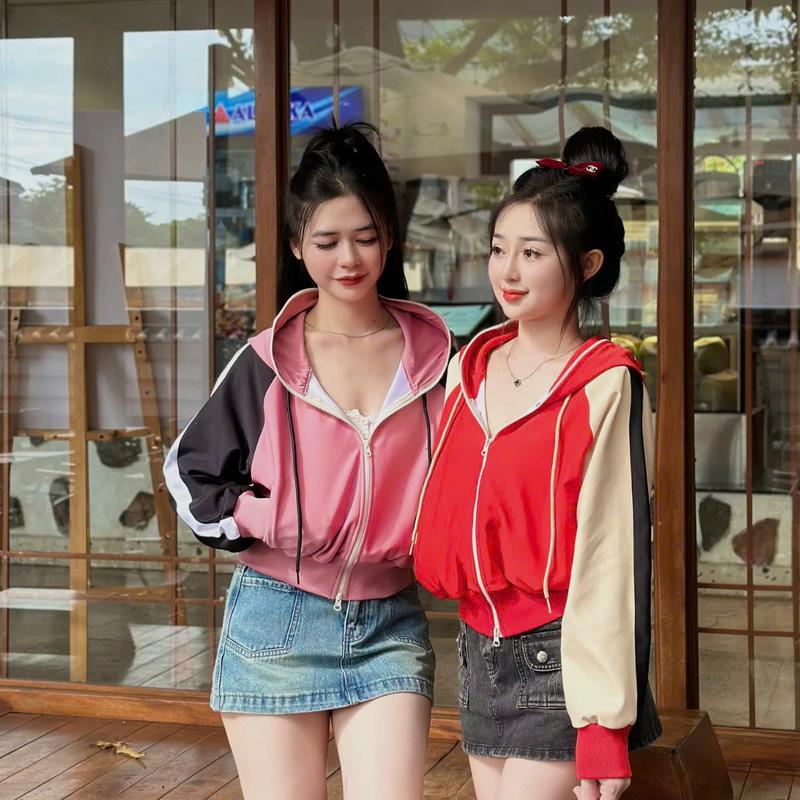 Áo khoác nữ TC6 form croptop chất cotton 2 da hàn châu phối màu năng động cá tính