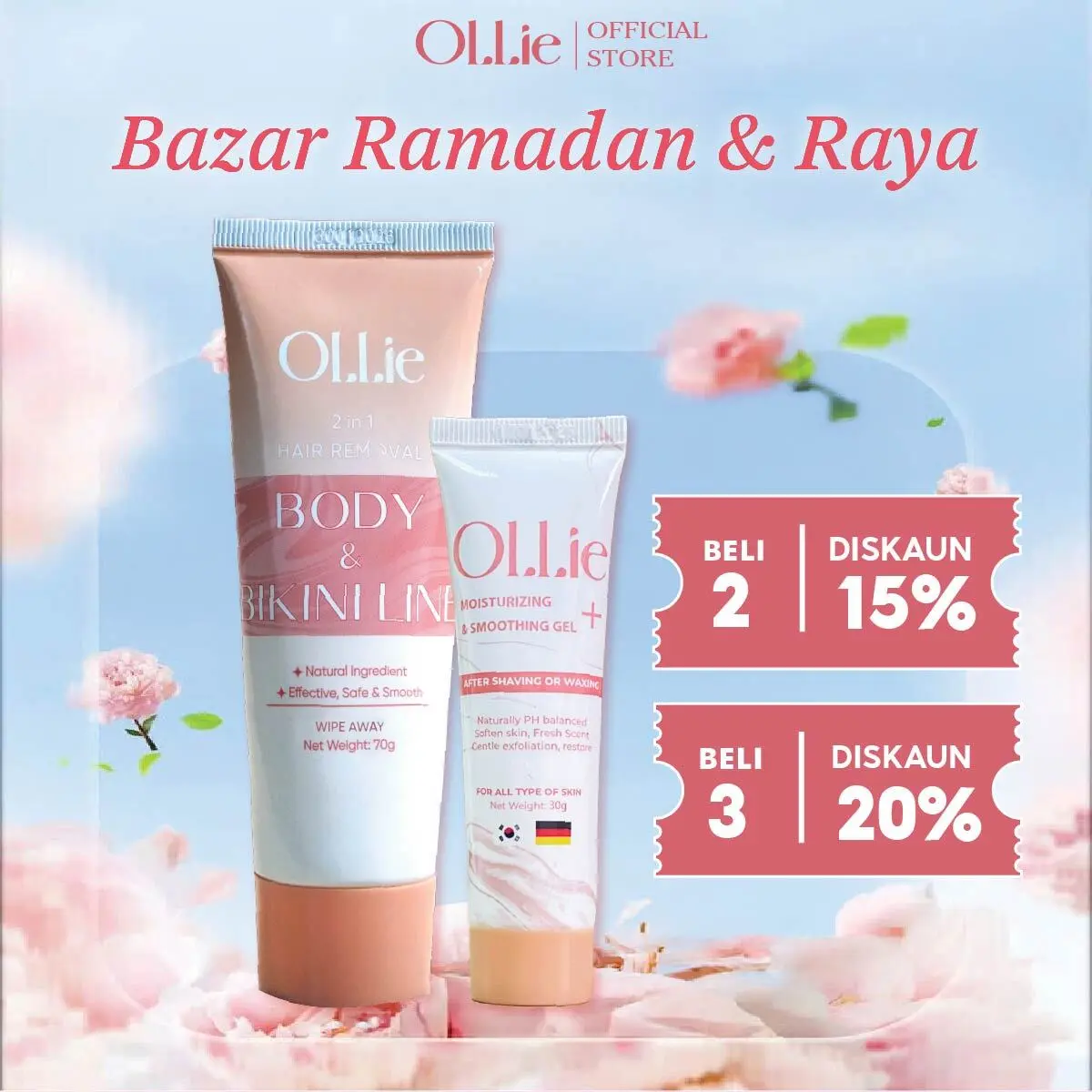 Combo 1 Ollie Hair Remover Cream - 1 Moisturizer Gel OLLIE Krim Penghilang Vitamin gentle hair Removal cream, shaving cream women sensitive skin wax Body Care Scent bulu - KB01