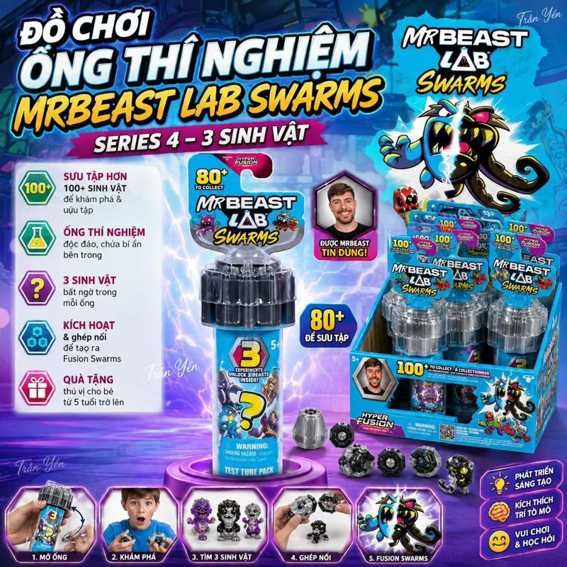 MrBeast ĐỒ CHƠI MRBEAST LAB SWARMS – SERIES 4 Ống Thí Nghiệm Bí Ẩn 3 Sinh Vật…