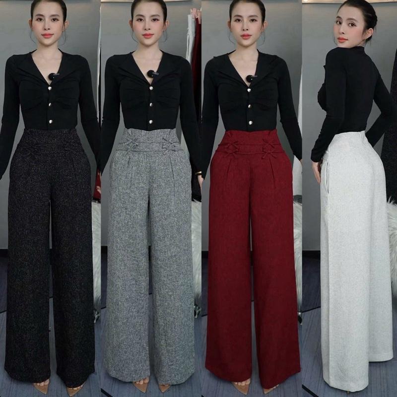  T890- Dài 103cm,ống 28cm Quần bố dạ muối tiêu phối nơ khoá kéo sau Mộc She 