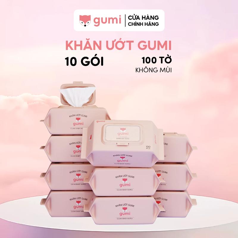  Gumi - Thùng 10 Gói Khăn Ướt Gumi Loại 100 Tờ Không Mùi Không Cồn Không Parabens Cao Cấp Dành Cho Em Bé giây vệ sinh 