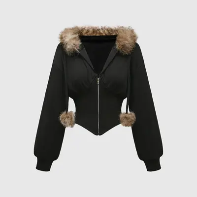 Ericdress slim faux fur zipper hooded jacket best sale