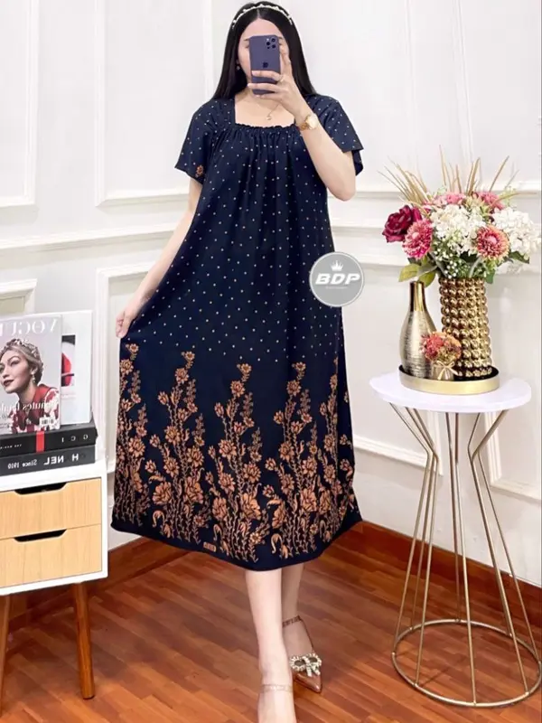 Daster Motif Akar Bunga 3/4 Chibi Elsa - Kain Santung Rayon Tebal - Busui Friendly Karet Wanita Bumil Ibu 5