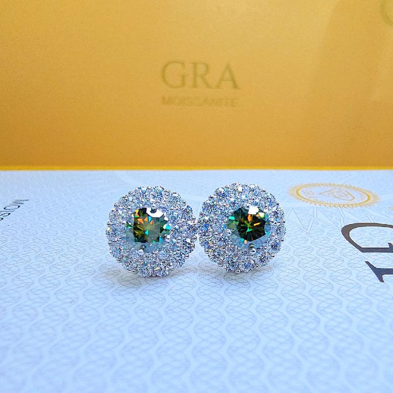 B030 - Bông tai 2 tần  chốt vặn  đá chỉ MOISSANITE XANH LÁ 5MM . Chất liệu bạcnys xi bạch kim 