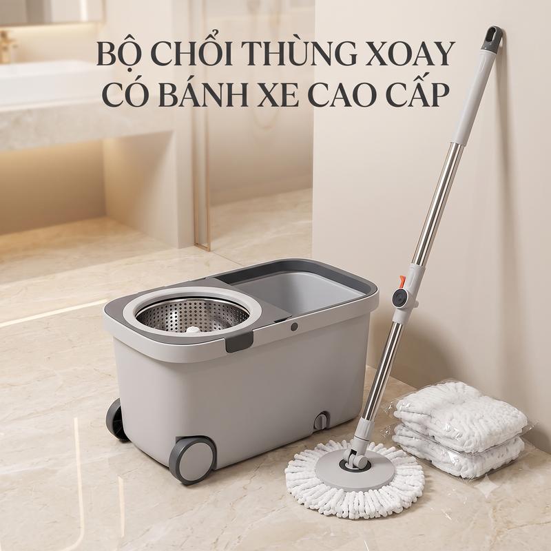 Bộ Cây Lau Nhà Có Bánh Xe DKSTORE PRO MAX (1 thùng + 1 cây lau + 3 bông lau) Tự Vắt Thông Minh Đầu Xoay 360 Độ Tiện Lợi, Lau Sàn Siêu Sạch, Cán Inox Siêu Bền