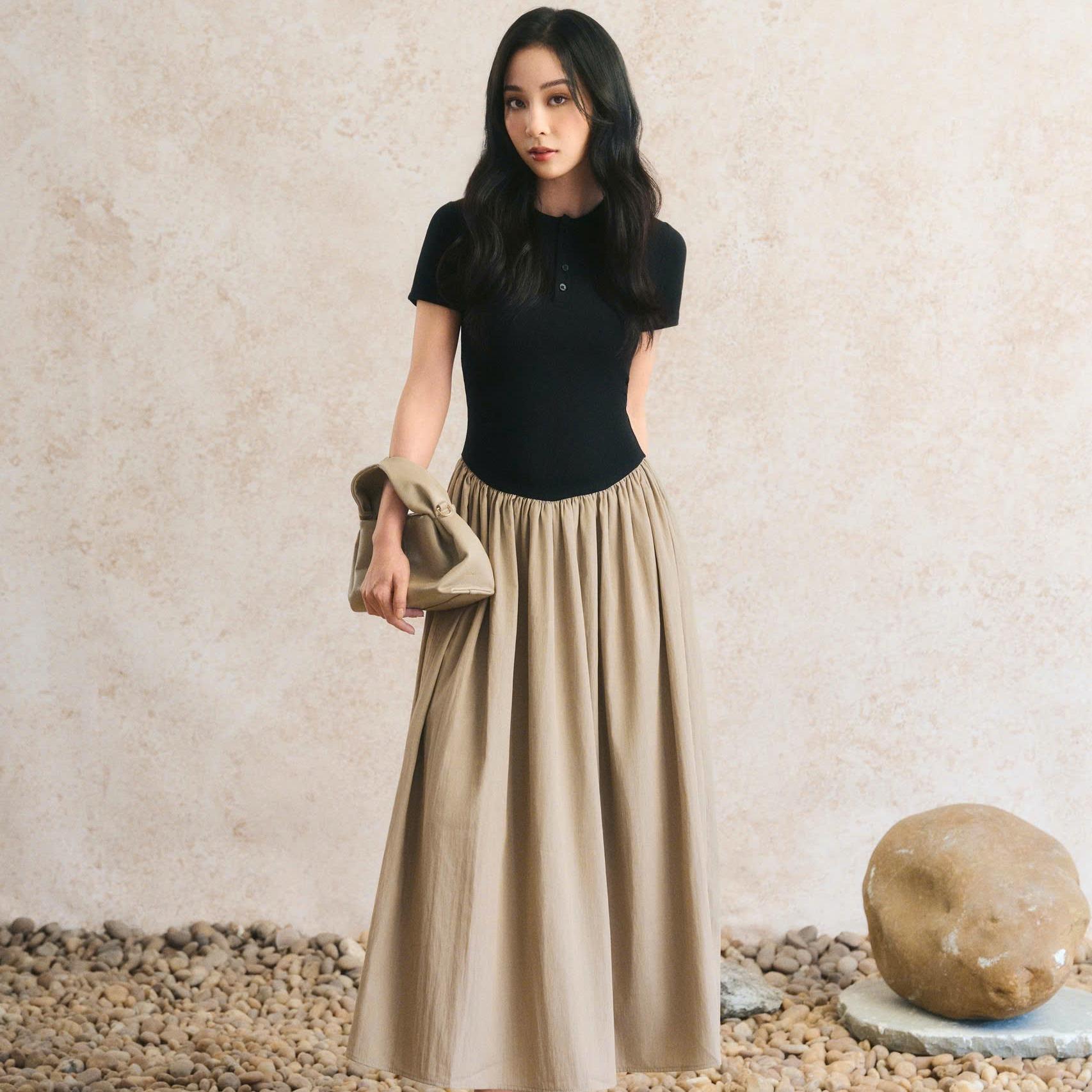 MONEY MAXI DRESS - Váy thun gân kết hợp chân váy vải gió thoải mái cho Nữ SHEMODA thanh lịch, tinh tế
