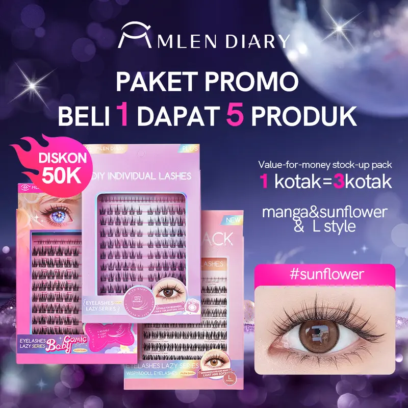 【BELI 1 DAPAT 5 】MLEN DIARY Bulu Mata Set Kombinasi Bulu Mata Terlaris, Paket Hadiah Diskon, Sunflower,Baby Comic,3IN1Bulu Mata lash bond dan remover+penjepit bulu mata 5