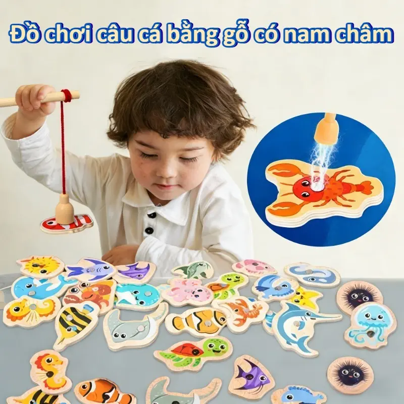 Đồ chơi câu cá bằng gỗ, bộ đồ chơi câu cá biển 15/31 con cá, đồ chơi tương tác cha mẹ và con cái, đồ chơi đóng vai cho trẻ em, đồ chơi thi câu cá trong tiệc, giúp trẻ rèn luyện kỹ năng vận động, nhận biết cá biển - 1