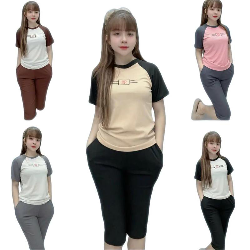 Set Đồ Bộ Nữ Lửng Ngố Mặc Nhà Thun Gân Co Giản 4 Chiều Áo Top Áo Top Women Polo Quần Đen
