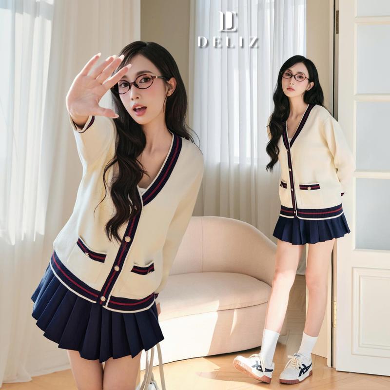  DELIZ PREMIUM - Cardigan len áo khoác ngoài cho nữ dài tay có túi form rộng basic CD100 