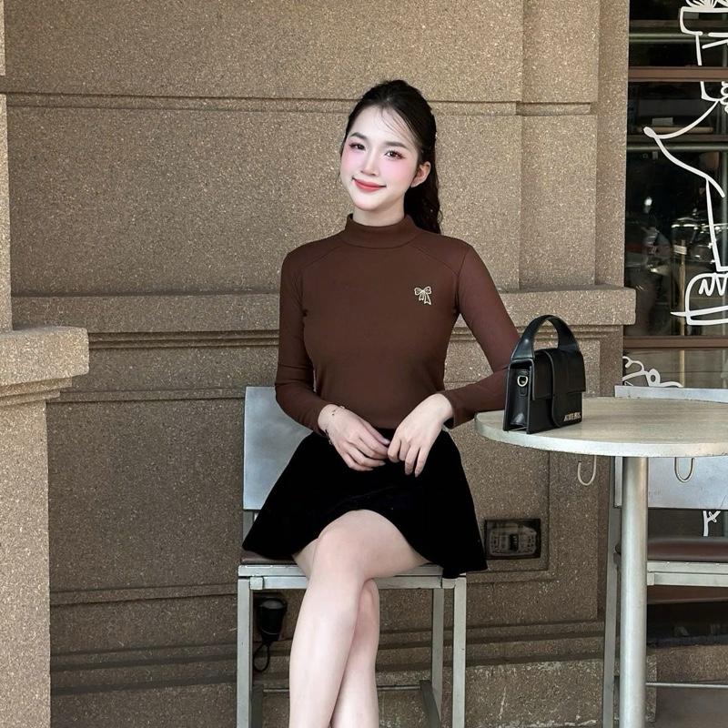 Áo giữ nhiệt thêu Nơ len lông thỏ cổ cao ấm áp mùa Đông N06