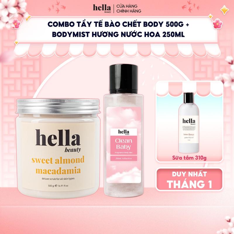  Combo tẩy tế bào chết body + Bodymist hương nước hoa 250ml Hella Beauty 
