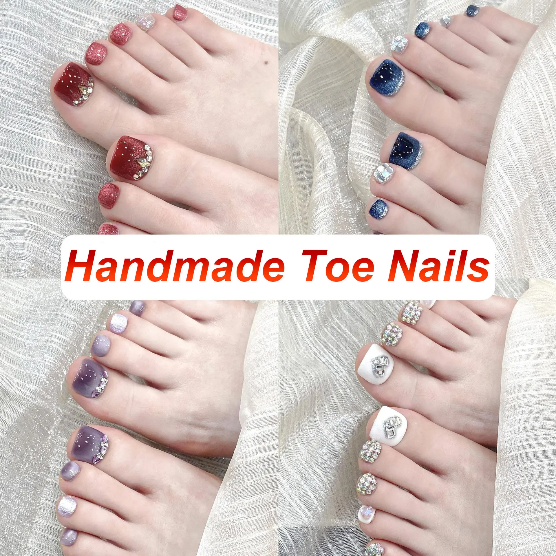 LADY KINDOM 10pc/set Pure Handmade 3D Diamond Inlaid Press on Toenails High-end Wearable Toe Nails Collection Phototherapy Fake Nail Patches Detachable and Reusable