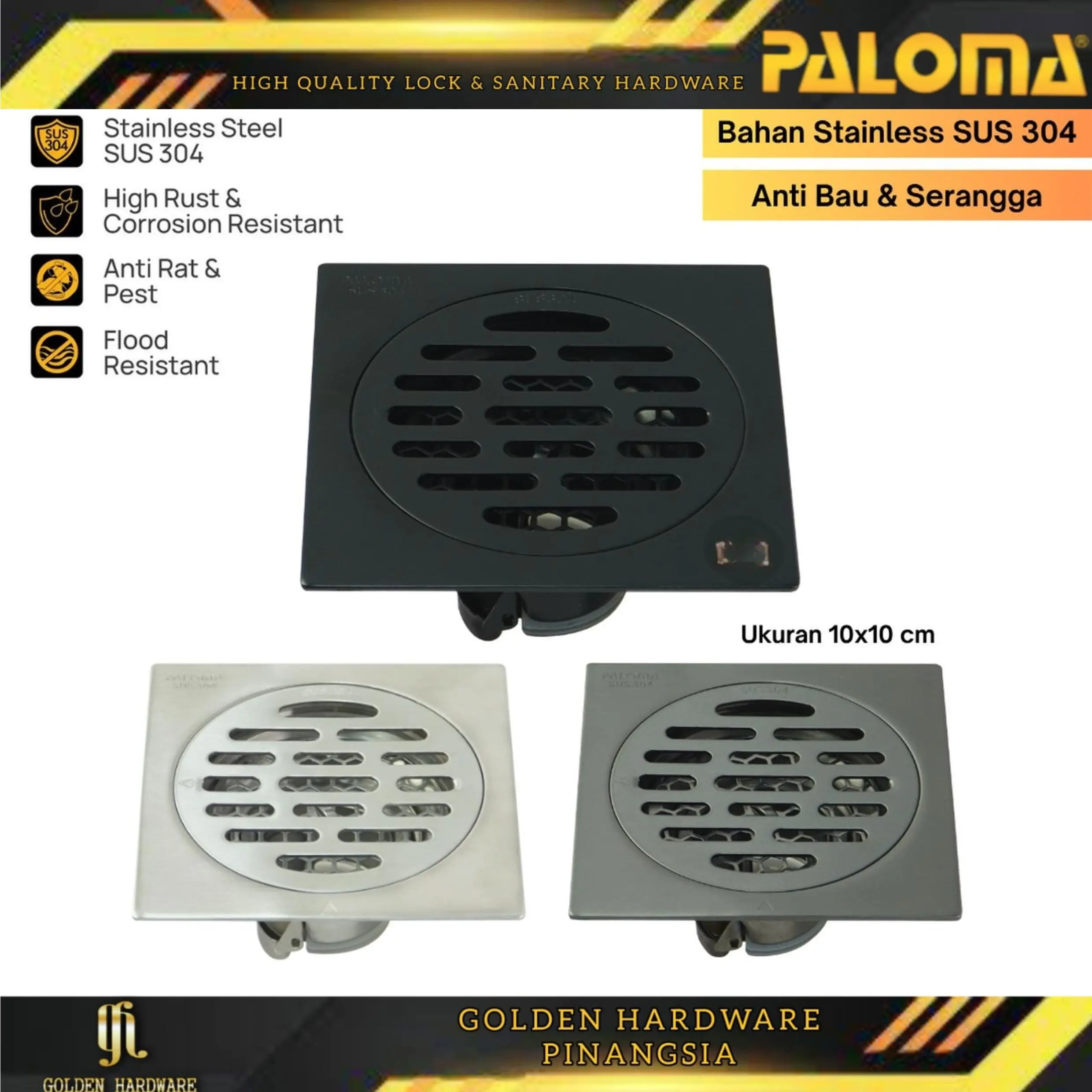 PALOMA FDP 3301SS 3301MB 3301GM Floor drain kamar mandi 10x10 saringan pembuangan got strainer afur kamar mandi anti bau anti serangga stainless SUS 304 Matte black hitam silver gunmetal grey FDP 3301SS 3301MB 3301GM