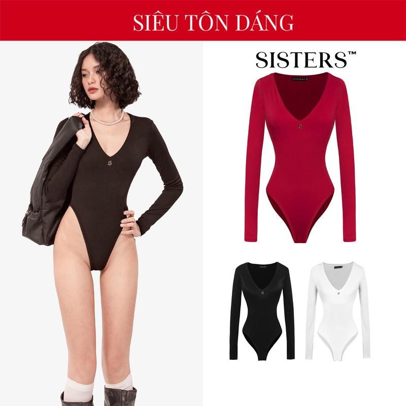 Bodysuit nữ dài tay cổ tim SISTERS gợi cảm màu đen trắng chất thun gân co dãn ôm sát cơ thể có cúc bấm Downie l SS4-J10
