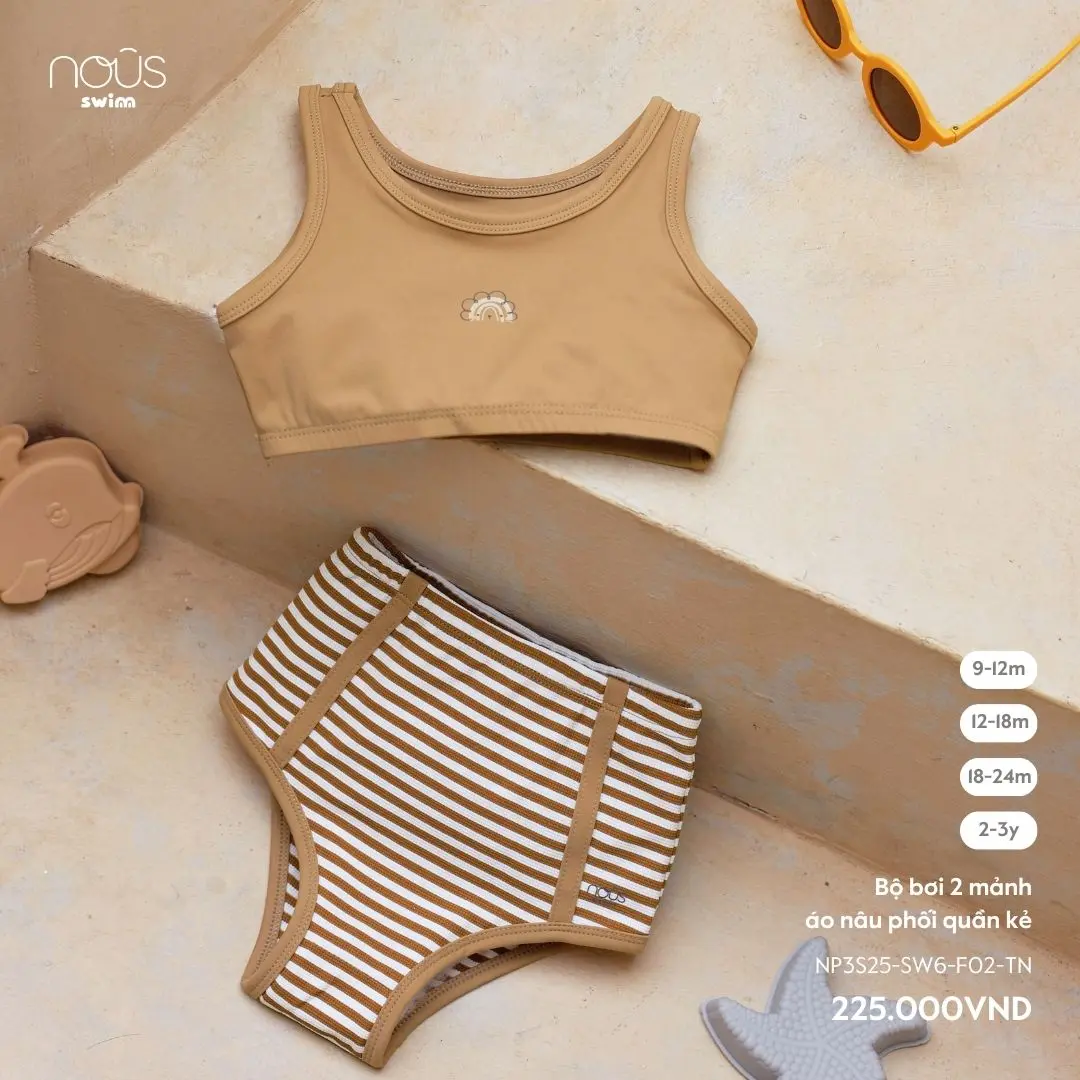 Bộ bơi 2 mảnh áo nâu phối quần kẻ
