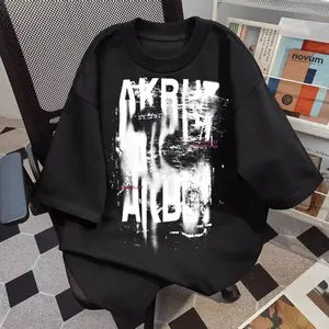 Kaos Gaya Amerika dengan Desain Unik: Bahan Katun, Oversize, Oblong, Lengan Pendek, dan Cetakan Pola Huruf Inggris yang Kabur