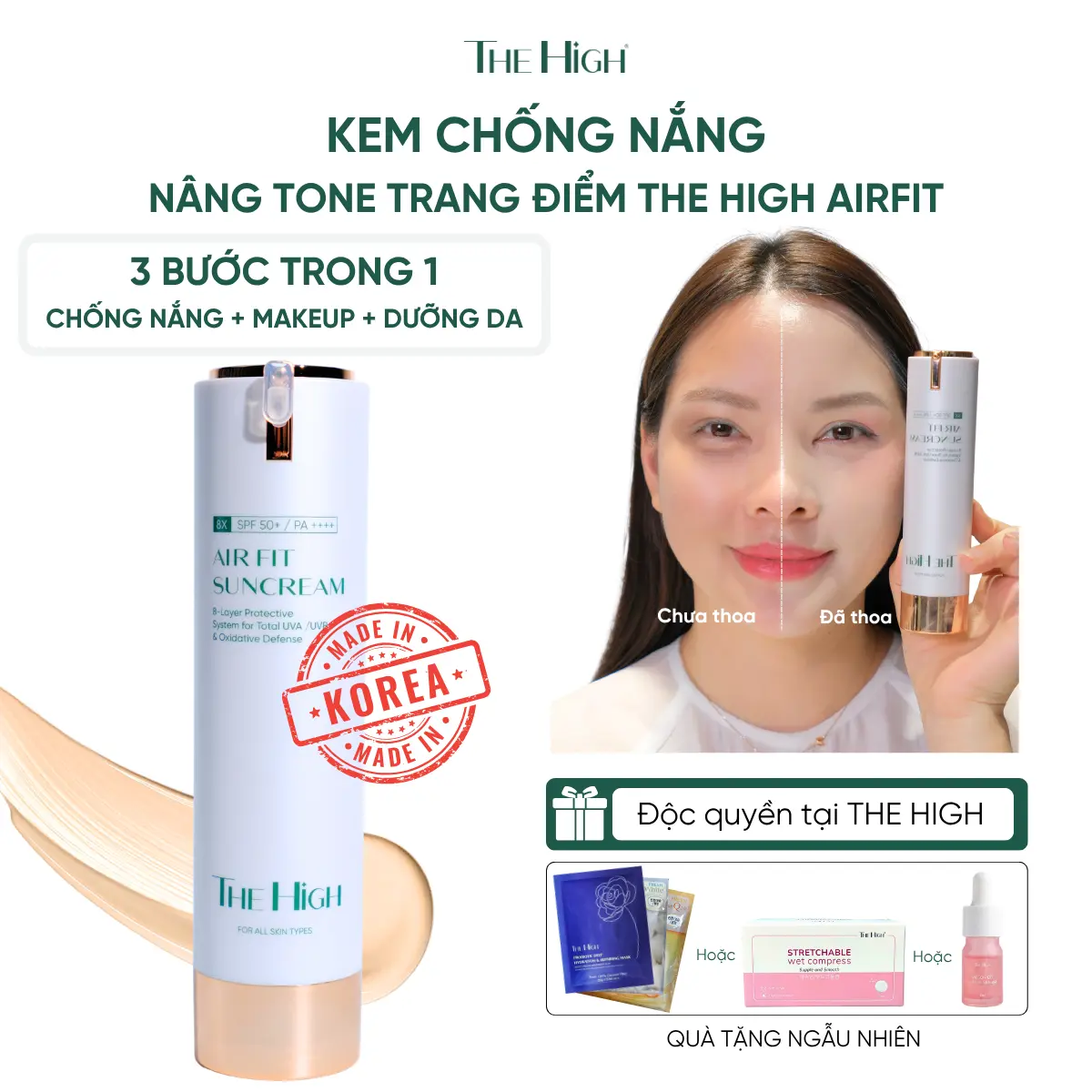 [Bán chạy] Kem Chống Nắng Trang Điểm nâng tone The High - Dưỡng Trắng, Giữ Tone 12h, Kiềm Dầu 16h, chống nắng kháng nước - Hàn Quốc The High Airfit Sun Cream 40ml