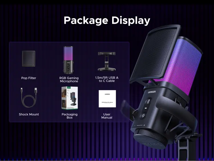 Product Introduction of UGREEN, Micro chuyên nghiệp RGB, Giảm tiếng ồn DSP, Hiệu ứng đèn RGB 96kHz/24-bit, Dành cho Game, Compatible with Windows & MacOS 15
