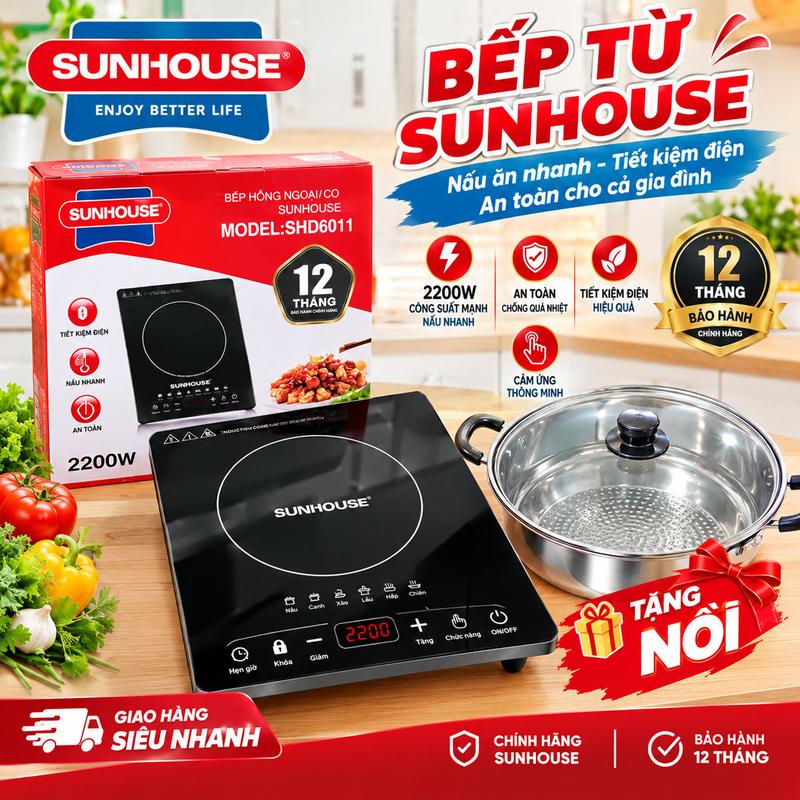 Bếp Từ Sunhouse 2200W – Bếp Điện Nấu Nhanh Siêu Tiện Lợi, Mặt Kính Chịu Lực Bền Bỉ,