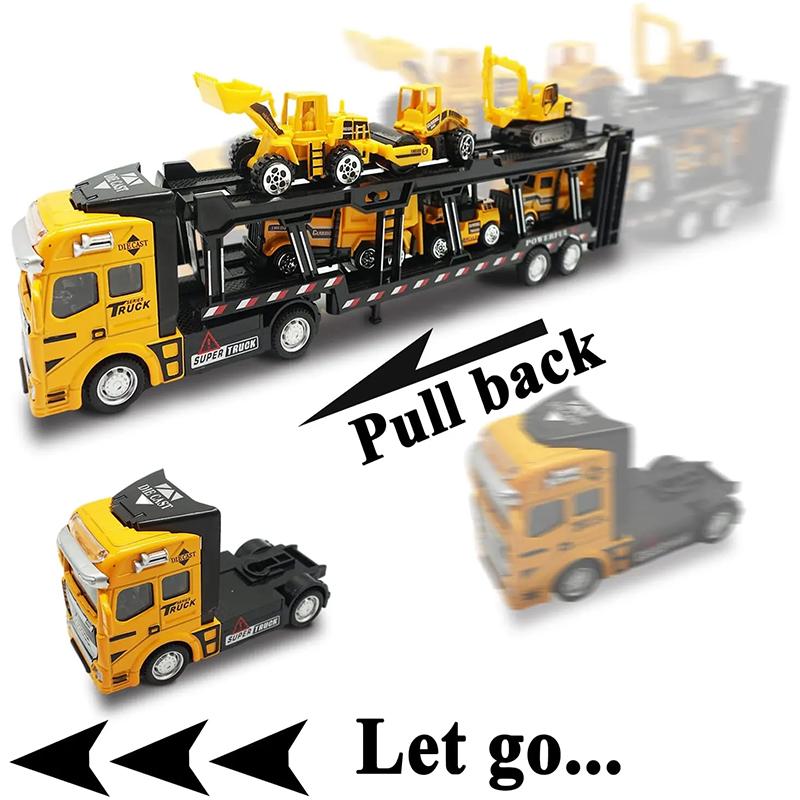 Product Introduction of 6 IN 1 Pull Back Paduan Kendaraan Truk Container Pengangkut diecast metal car trucks Mobil Mainan Mobilan Bulldozer Toys 50