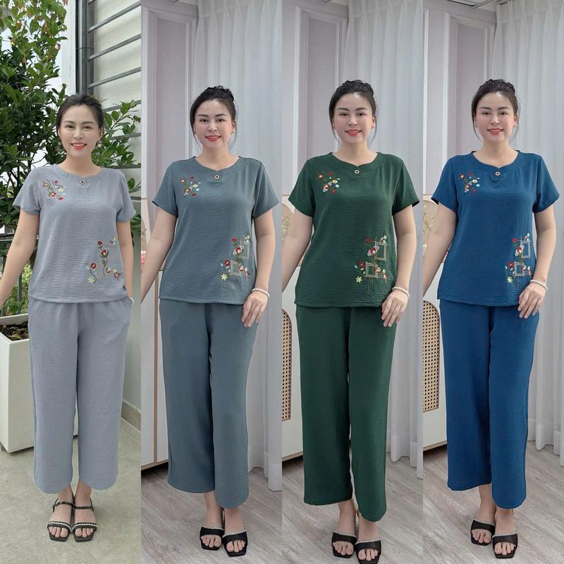 Đồ Bộ Mặc Nhà Trung Niên Đũi Mềm Cao Cấp, Co Giãn Nhiều, Hoạ Tiết Thêu Nét, Có Size, thun, Women, bigsize, đồ bộ quần 9 tấc nữ, bộ đũi trung niên, đồ bộ trung niên u50 cao cấp, u60, đồ bộ người già, đồ bộ nữ cho mẹ, do trung niên cho mẹ, set đồ trung niên