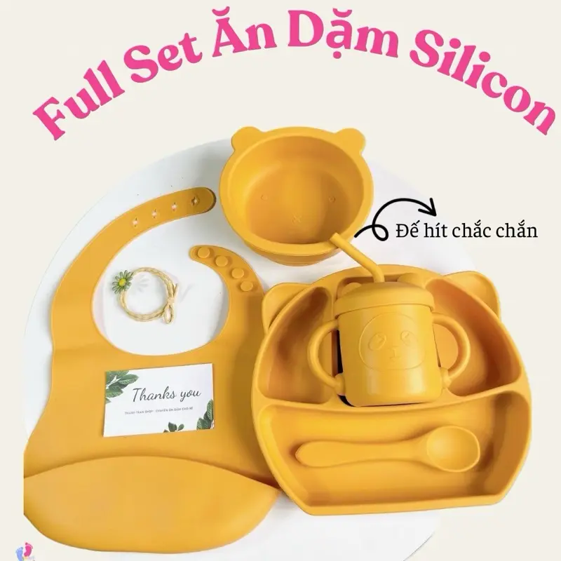 Combo ăn dặm silicon cho bé ăn dặm 6m+ ( khay, bát, yếm, cốc) silicon Kem 0