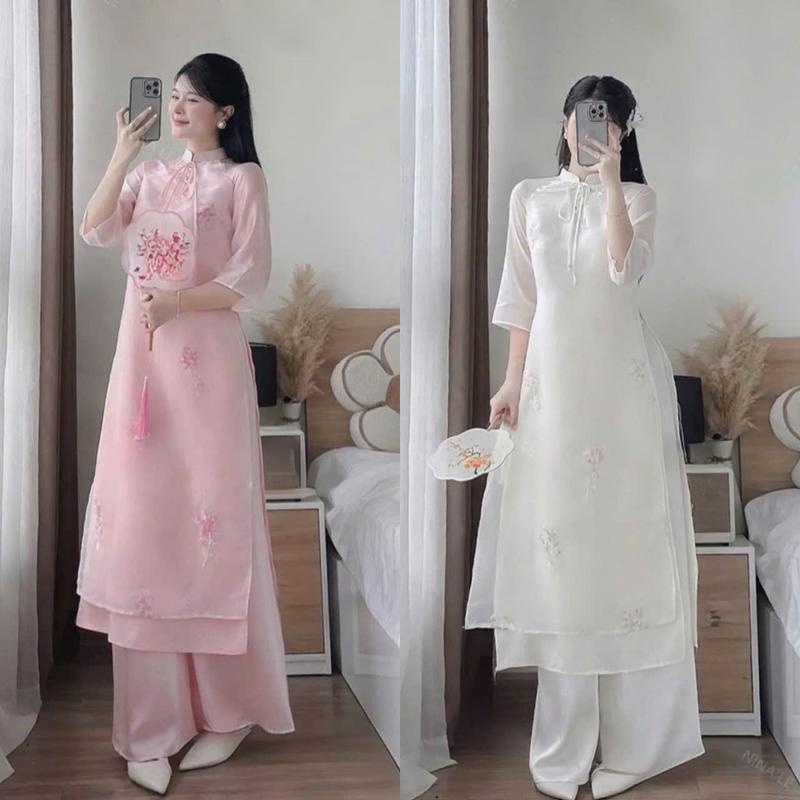  sét áo dài hai lớp cổ tàu tay lửng kèm quần dài siêu xinh phù hợp mặc đi chơi đi tết chụp hình 