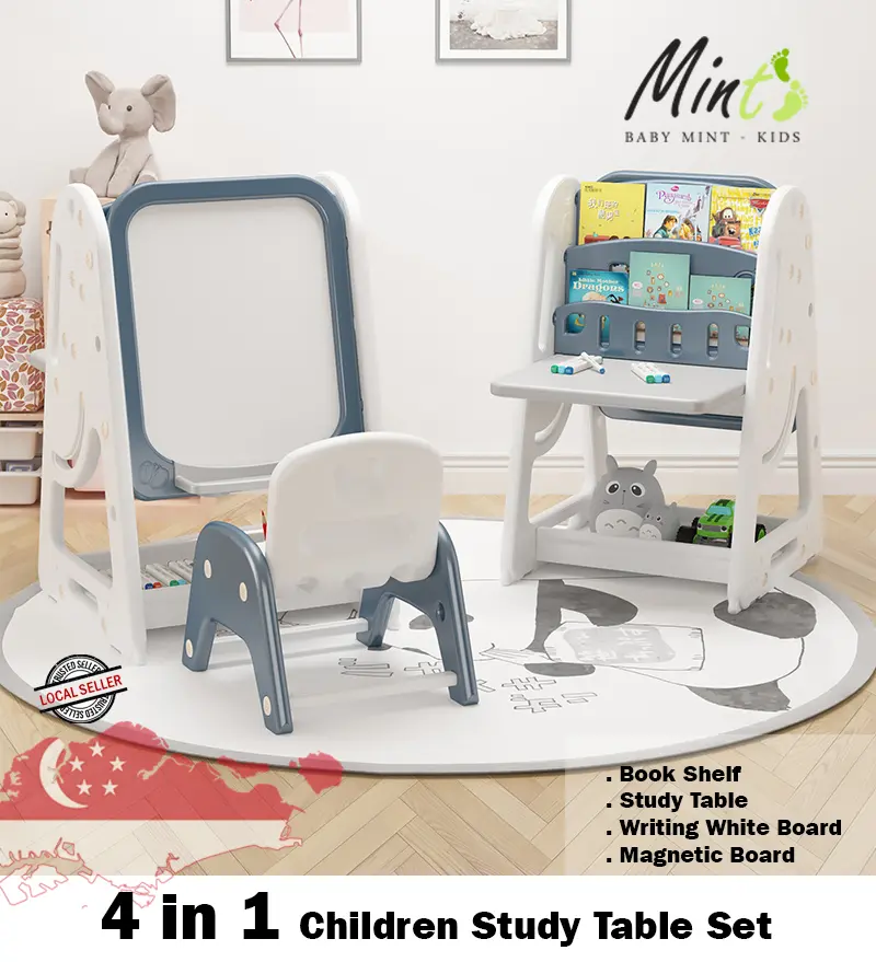 SG Stock - 4 In 1 Toddles Study Table Set Space Saver Fold-able Table Writing Board White Board Magnetic Board Book Shelf Folding Table Study Chair Set Storage Box Adjustable White Board Table Chair