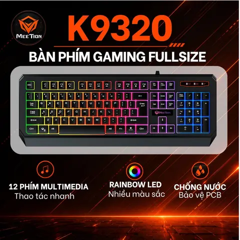 Bàn Phím Gaming Meetion K9320 Fullsize 104 Phím Nút Nhấn Chống Ồn Led Nền Rainbow Thiết Kế Chuyên Game